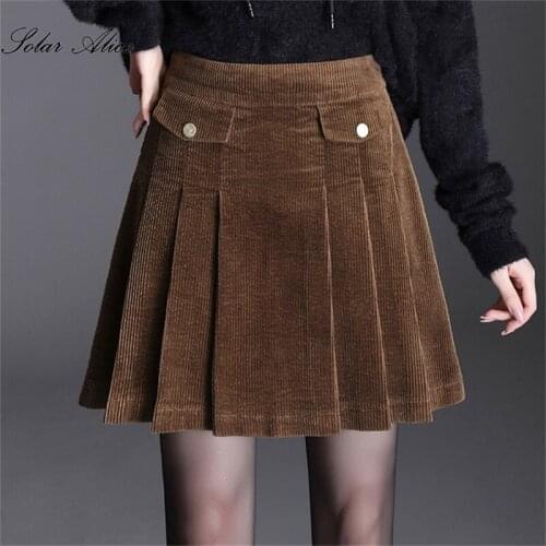 Free Shipping 2020 Womens Fall/Winter New High Waist Corduroy Short Skirt Anti-Glare And Thin Pleated Skirt