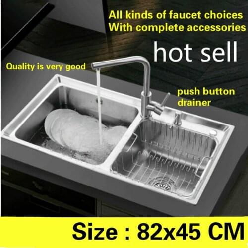 Free shipping Hot sell kitchen sink add push button drainer food grade 304 stainless steel double groove 82x45 CM