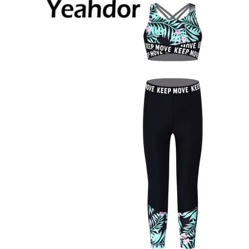 Kids Girls Sport Clothes Set Sportwear Sleeveless Crisscross Hollow Back Crop Top with Pants Patchwork Floral Letter Print Suit