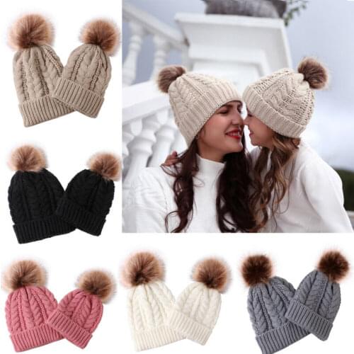 Focusnorm 5 Colors Womens Mother Baby Matching Knitting Pom Bobble Hat Kids Winter Warm Beanie Cap