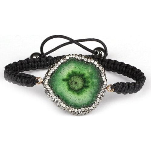 Green druzy crystal stone slice bead pave rhinestone beads hematite end bead charm black rope macrame bracelet unisex