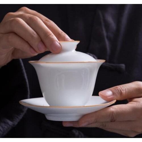 Exquisite Chinese Gaiwan Tea Set Kung Fu White Ceramic Gaiwan White Teaware Sancai Tea Cup For Pu erh White Tea Gold Needle