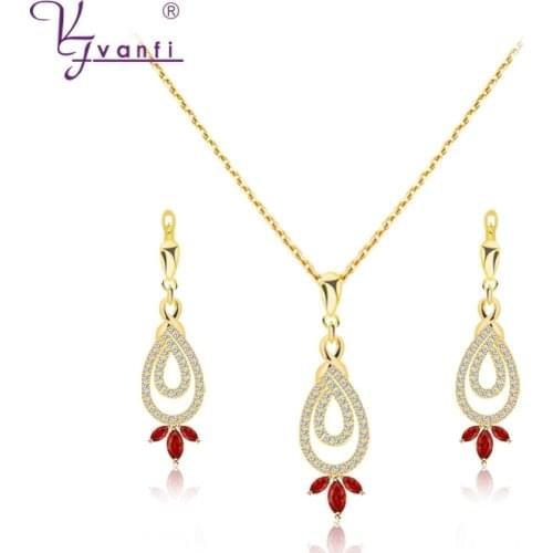 Kfvanfi Fashion Water Drop Crystal White Red Zirconia Jewelry Pendant Necklace Gold Dangle Earrings set