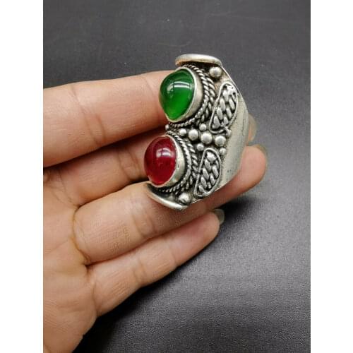 China old carving Red and green jade ring inlaid with Tibetan Silver