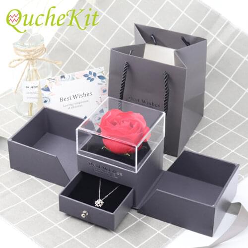 4Colors Eternal Rose Jewelry Box Wedding Ring Earrings Necklace Storage Box Carry Bag Mothers Day Valentines Birthday Gift Box