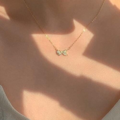 Fashion Jewelry Bow Pendant Necklace Popular Design Sweet Temperament High Quality Shiny Crystal Chain Necklace For Women Gifts