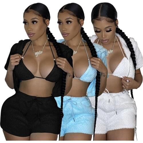 RStylish 2021 Autumn Tracksuits Sexy Solid Color Velvet Halter Bra Zipper Hooded Crop Top Women 3 Piece Shorts Set