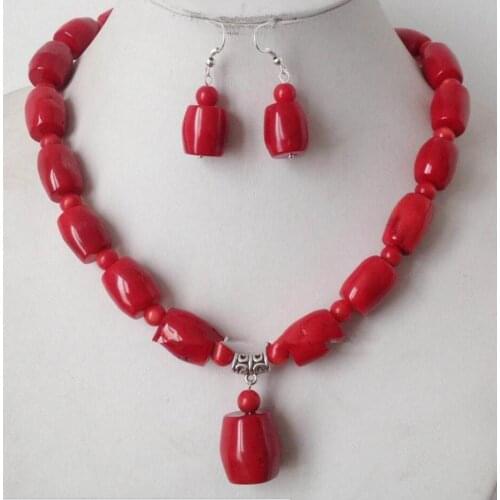 New hot CharmingBig Red Coral Column Shape Beads Necklace Earrings Set 18" AAAA