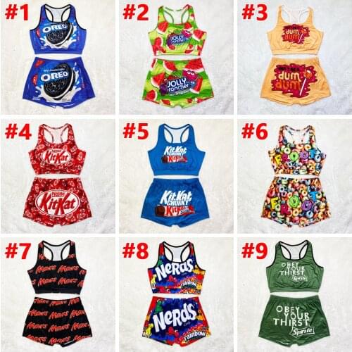 Sexy Two Piece Set Ladies Pattern Printed Sleeveless Vest Yoga Jogging Biker Shorts Matching Suits Women Summer