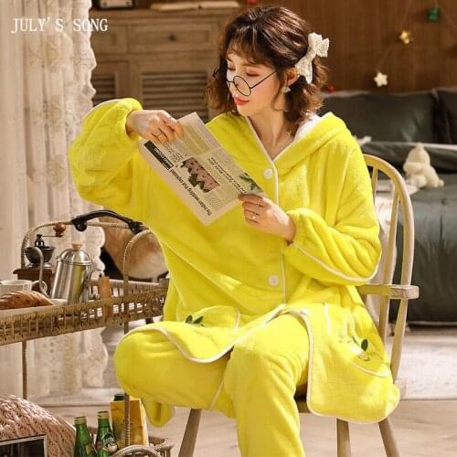 JULYS SONG 2 Pieces Flannel Pajamas Set Loose Homewear Winter Autumn Women Sleepwear Pajamas Suit Warm Nightwear Cute Loungwear