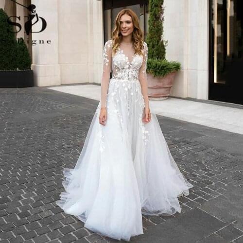 SoDigne Bohemia Wedding Dresses Long Sleeves Appliques Lace Bridal Gown Button Back Women Dress For Wedding