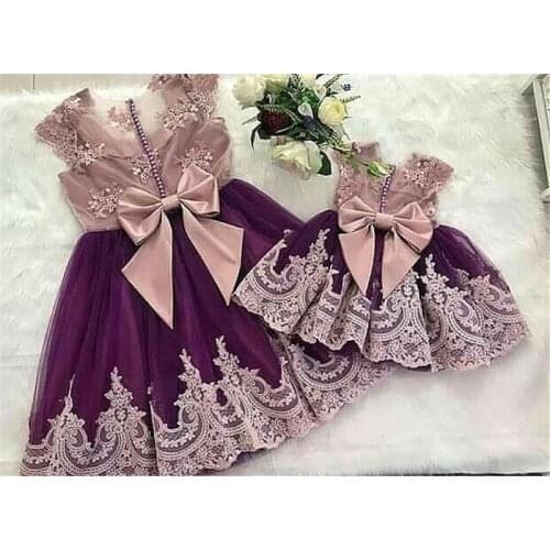 Vintage Golden Lace Purple Mother Daughter Birthday Party Celebration Ball Gowns Golden Lace Mom Girls Matching Gowns Custom