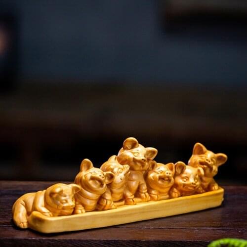 Boxwood 18CM Pig Sculpture Wood Carving Chinese Zodiac Animal Statue Piggy Home Decor