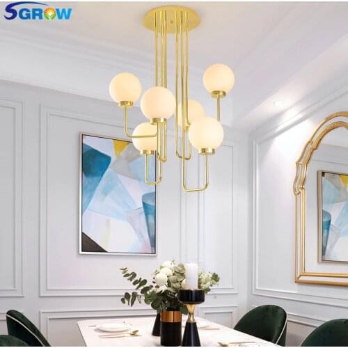 SGROW Stainless Steel 3/6 Heads Glass Balls Chandelier with E27 Bulb Light Source Indoor Lighting Hanging Lamp for Living Room