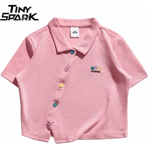 Hip Hop Streetwear Polo T Shirt Embroidery Flower Letter T-Shirt 2021 Women Harajuku Cotton Summer Short Sleeve Tshirt Button