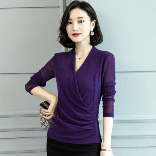 2021 Spring Autumn Women T Shirts Fashion V-neck Net Yarn Splicing T-shirt Solid Color Long Sleeve Women Slim Thin Tops Y232