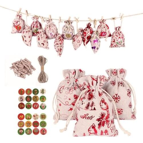 Cotton Linen Christmas Gift Packaging Bag Childrens Candy Tote Bag Christmas Double Drawstring Clip Hemp rope Sticker Gift Bag