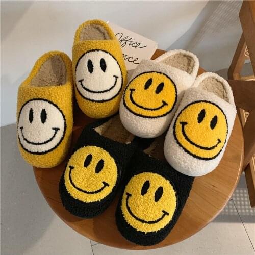 2021 Women Winter Slippers Fluffy Fur Smile Big Smile Deco Slipper Short Plush Flats Couple Shoes Indoor Shoes Zapato De Mujer