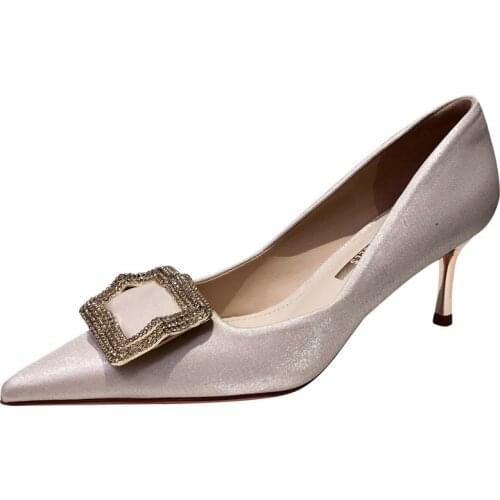 Luxury Rhinestone Metal Decoration Heels for Women Fashion Elegant Pointed Toe Ladies Pumps Female Wedding Party Office Shoes