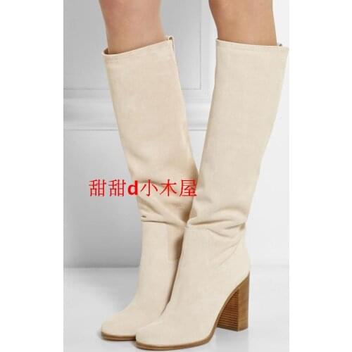 Western chunky high heels Beige leather overknee boots woman thigh high Stretch long slim botines winter 2021 Chaussures femme