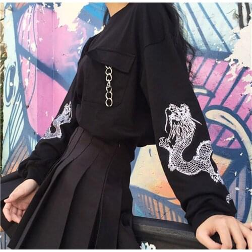 Black Embroidery Womens Sweatshirt Top Long Sleeve Chains Preppy O-neck Pullovers Tops Women Shirt 2019 Fashion Woman Clothes