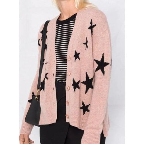 2021 Winter Single Breasted Ladies Star Knitted Cardigan Long Sleeve White Printed Knitted Cardigan