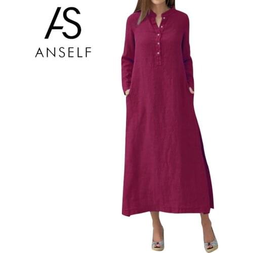 Anself Women Casual Long Dress Long Sleeve Side Pocket 3XL 4XL 5XL Plus Size Cotton Shirt Dress Slit Vintage Maxi Dresses Robe