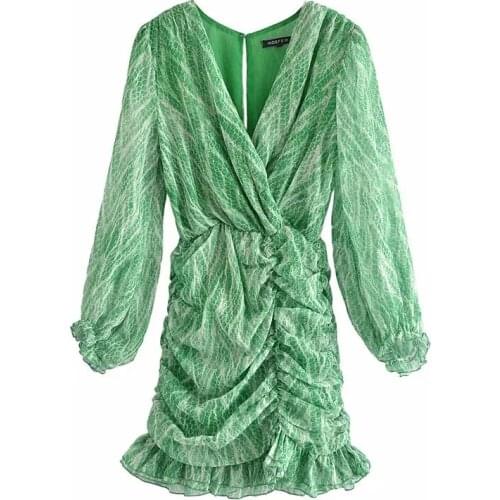 2021 Women Chic Fashion Animal Print Asymmetric Draped Mini Dress Vintage Long Sleeve Ruffled Female Dresses Vestidos Mujer Blue