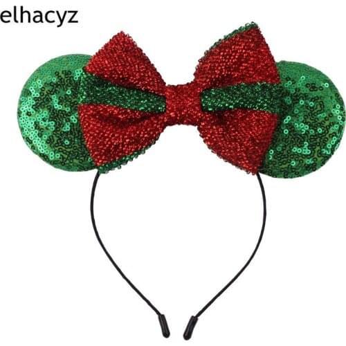 1PC 2021 Christmas Headband for Girls Festival Party Stripe Bow Red/Green Glitter Mouse Ears Hair Band Kids Hair Accessories