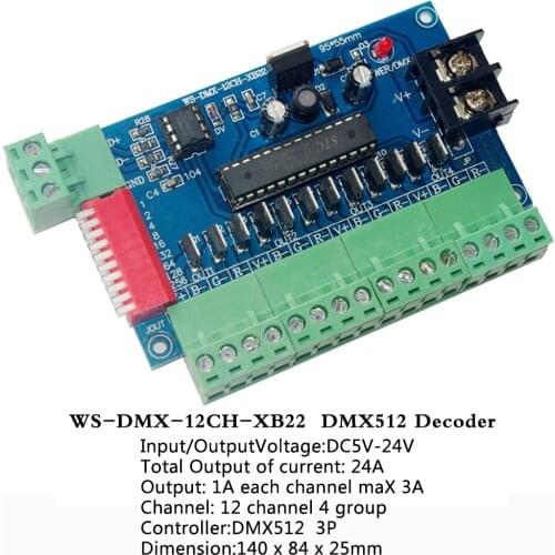 12CH DMX512 constant voltage common anode Controller LED Decoder;5~24V;output 1A each channel max 3A;Total output of current 24A