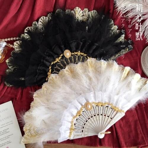 Lolita Black White Lace Lolita Embossed Flower Wedding favors Folding Hand fans Fan Tea Party Feather Fan eventail a main