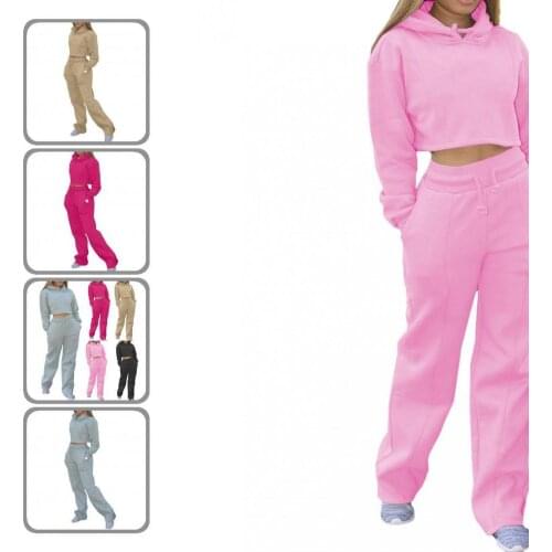 Two-piece Set Fabulous Drawstring Crop Top Pants Hoodie Suit Wide Legs Top Suit Solid Color for Going Out