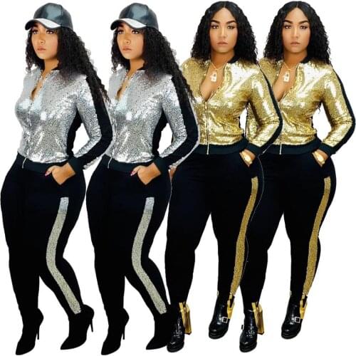 Colorful Sequined Patchwork Suit Two Pieces Set Zipper Blazer Coat + Long Pants Pocket Pecil Pants Femme Sportwear Tracksuit XXL