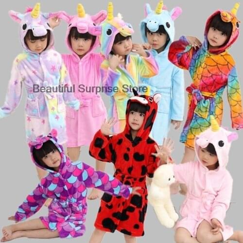 Children New Winter Flannel Soft Warm Unicorn Bathrobes Children Sleepwear Towel Bathrobe Cartonn Cute Robes Towel Bathrobes