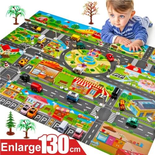 Hot Selling 130*100cm Children Play Mats House Traffic Road Signs Car Model Parking City Scene Map