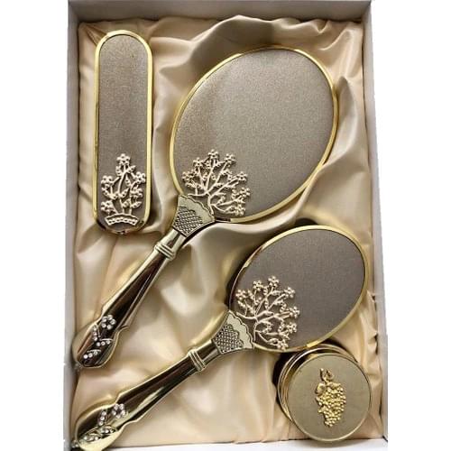 Life Tree Mirror Comb Set 4'lü dowry set wedding birthday gift comb cubic zirconia bridal mirror set brush jewelry box wedding prep