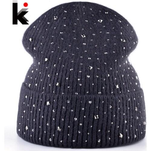 Rhinestone Knitted Beanies Women Winter Knit Wool Hat For Girls Thick Skullies Beanie Caps Ladies Fashion Solid Touca Inverno