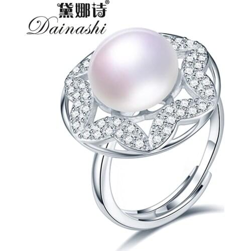 Dainashi Freshwater Cultured Pearl Ring for Women Luxury 925 Sterling Silver Hollow Round Zircon Adjustable Ring Party Gift