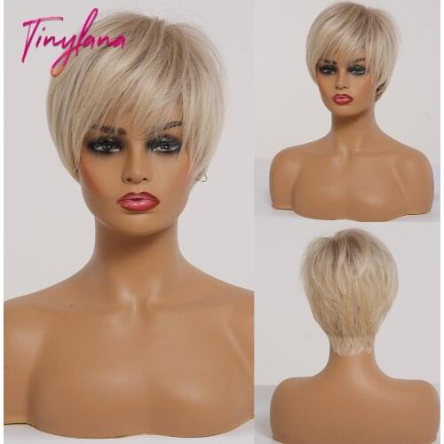 TINY LANA Short Womens Wig Layered Brown to Light Blonde Ombre Wigs with Side Bangs Pixie Cut Synthetic Hair Wigs Cosplay
