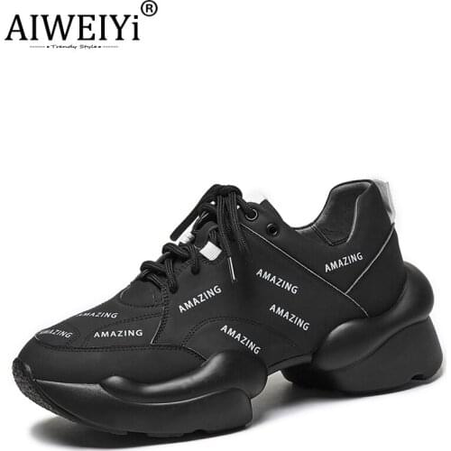 AIWEIYi Sneakers Women Genuine Cow Leather Lace Up Fashion Platform Wedge Fashion Shoes Black White Handmade Shoes