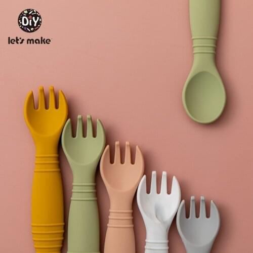Lets Make Silicone Baby Feeding Set Waterproof Spoon Fork Non-Slip Feedings Tableware Baby Products Dinnerware For Kid BPA Free