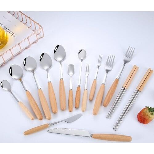 Stainless steel tableware wooden handle stainless steel knife, and spoon fruit fork chopsticks western cutlery gift set