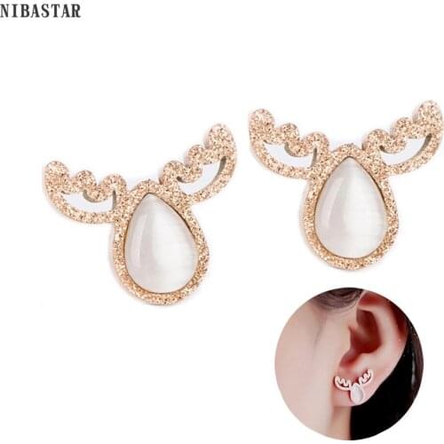 NIBASTAR Opal Wing Rose Gold Earrings For Women Cute Delicate Ear Stud Stainless Steel For Girl Wedding Accessory