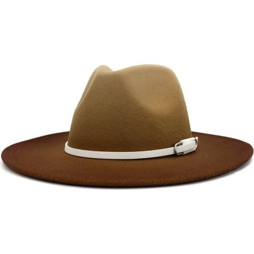 Gradient Ramp Caps Women Elegant Wide Brim Wool Felt Fedora Hats Men British Style Panama Jazz Vintage White Belt Fedora Caps