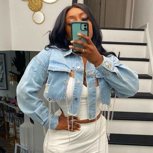 2021 New Arrival Fashion Cropped Denim Jacket Short Sexy Hole Chains Backless Jeans Jacket Women Vintage Denim Jacket Coat Ddlg