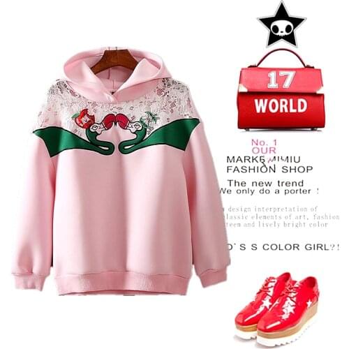 Spring Autumn Women Pink Casual Bird Embroidery Lace Sweatshirts Hooded Hoody Spliced Patchwork Blousa Preppy Tops NZ03