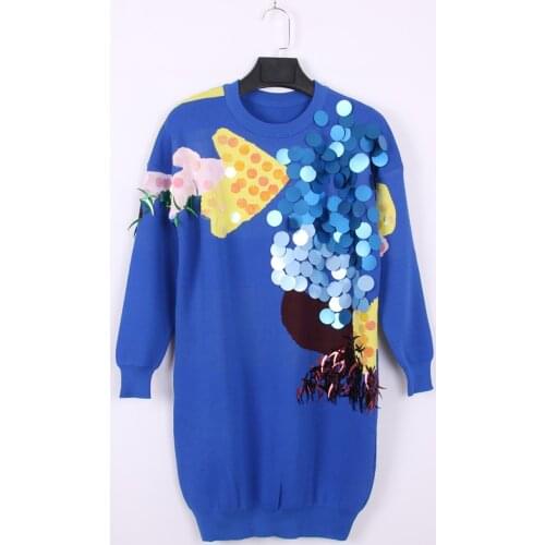 Women Sweaters Long O-Neck Hand-made Beading Knitted Tops Casual Pullover Jumper Jersey Blue Harajuku Korean Style Clothing ins