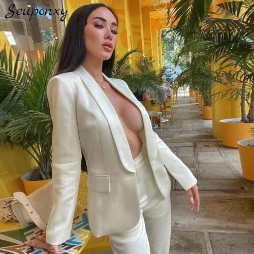 High Quality 2021 Spring Fashion WomenS Two-Piece Set Sexy V-Neck Single Button Suit Jacket + Pencil Pants Commuter Slim Set