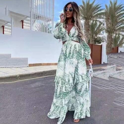 Sexy Floral Cute Hollow Out Boho Long Dress Women Deep V Neck Ruffle Party Dress 2021 Autumn Summer Long Sleeve Maxi Beach Dress