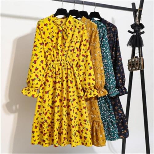 Spring Autumn New Womens Floral Print Pleated Chiffon Dress Female Casual Flare Sleeve lace Up Bow Neck Basic Dresses 89